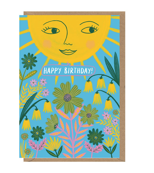 Birthday Sun and Flowers on Blue Card