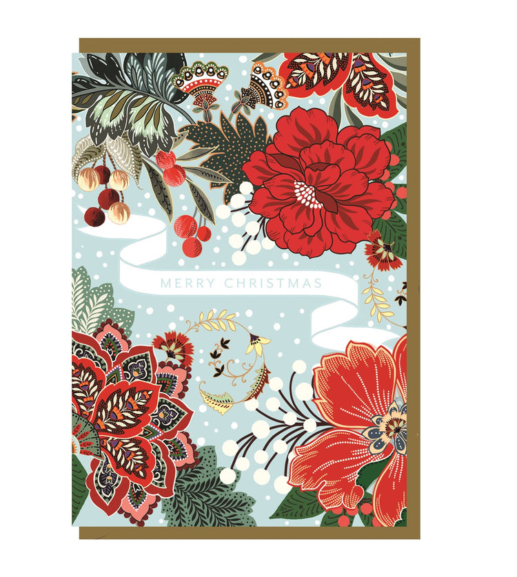 Merry Christmas Blue Floral Scroll Card
